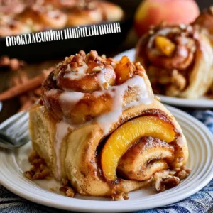 Delicious homemade Brown Sugar Peach Cinnamon Rolls fresh out of the oven.