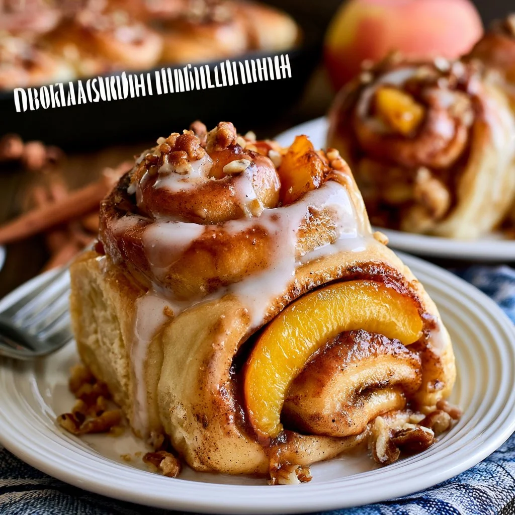 Delicious homemade Brown Sugar Peach Cinnamon Rolls fresh out of the oven.
