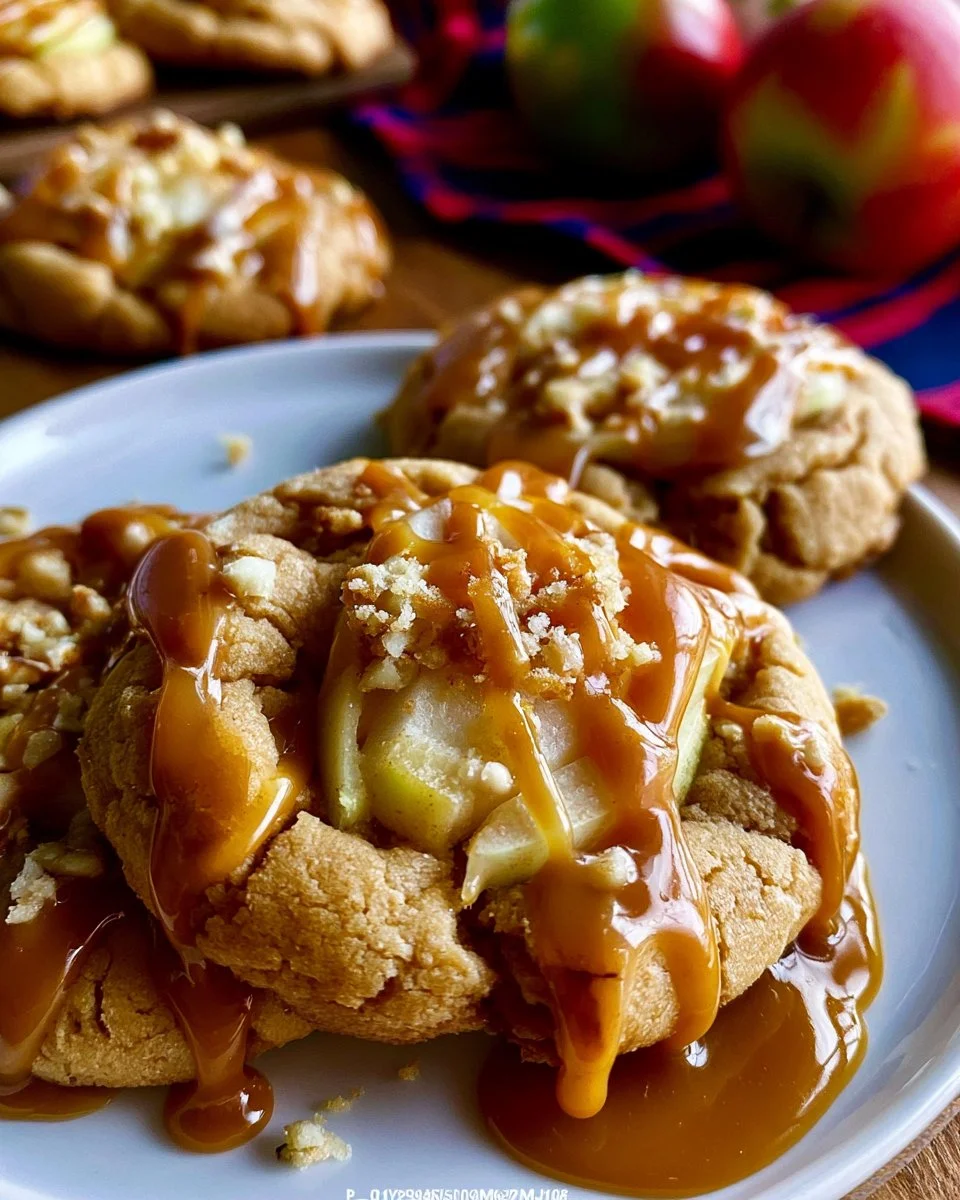 Freshly baked Caramel Apple Cookies with caramel drizzle and apple pieces