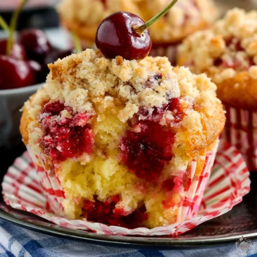 Freshly baked Cherry Cobbler Muffins with a cherry topping