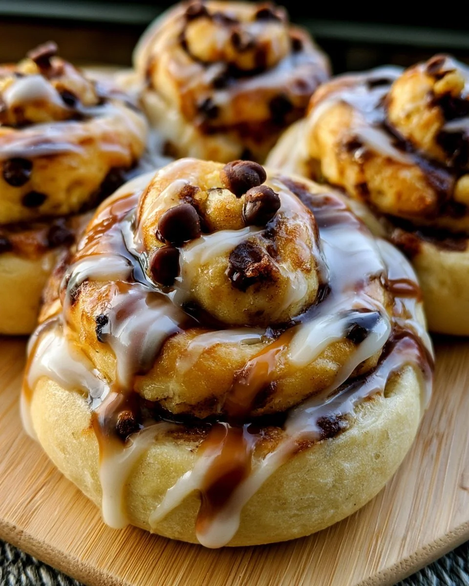 Freshly baked cookie dough cinnamon rolls with a drizzle of icing.