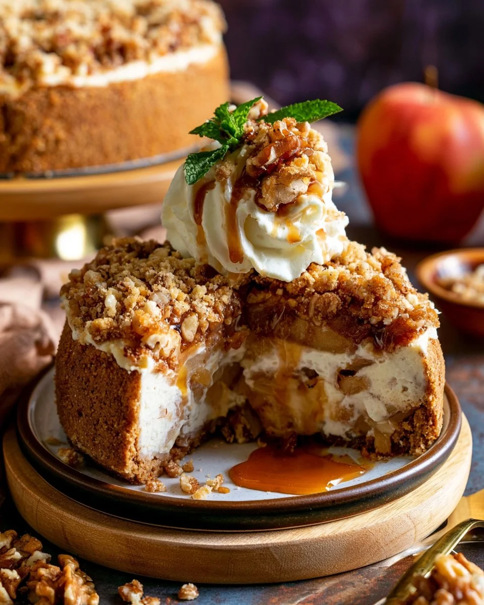 Creamy apple crumble cheesecake with apple topping and crumble crust