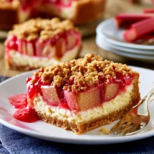 Creamy Pioneer Woman rhubarb cheesecake slice on a plate with fresh rhubarb