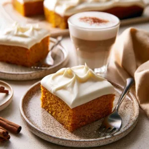 Delicious easy pumpkin bars with cream cheese frosting served on a plate