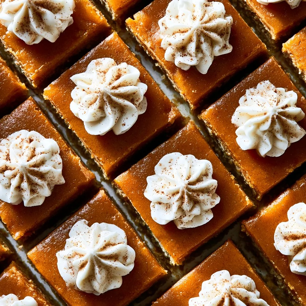 Delicious easy pumpkin pie bars topped with whipped cream on a white plate.