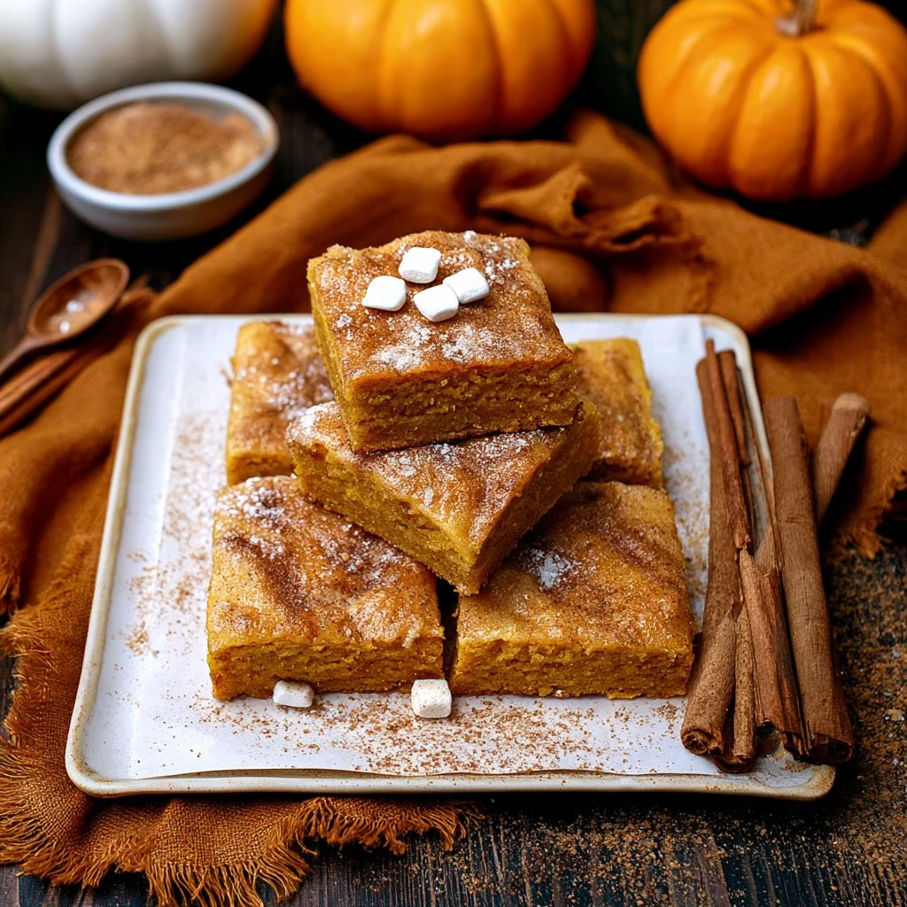 Delicious pumpkin snickerdoodle blondies with a sprinkle of cinnamon sugar on top.