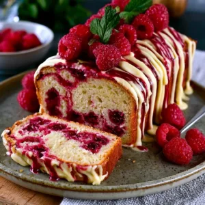 Slice of easy white chocolate raspberry loaf cake on a plate
