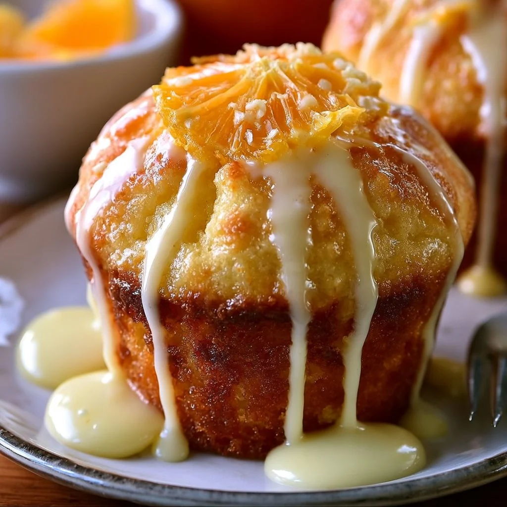 fluffy-orange-muffins-with-glaze-2026-07-30-124756 Fluffy orange muffins drizzled with glaze on a white plate