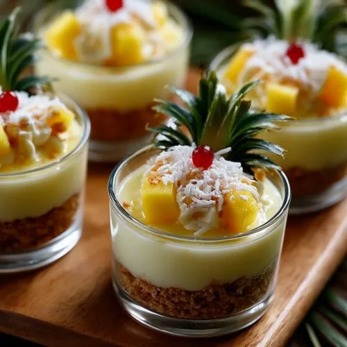 Hawaiian pineapple cheesecake cups topped with fresh pineapple slices