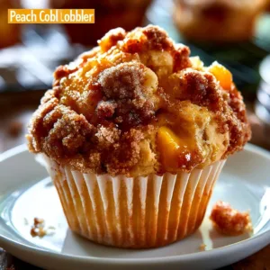Freshly baked homemade peach cobbler muffins with juicy peaches