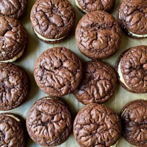 Homemade Sourdough Oreo Cookies 2 Delicious homemade sourdough Oreo cookies on a baking tray