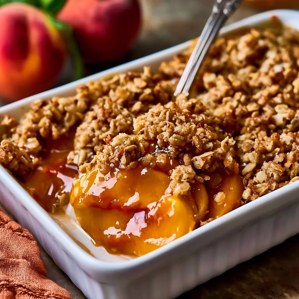 juicy-bourbon-peach-crisp-2026-07-29-200117 Delicious bowl of Juicy Bourbon Peach Crisp topped with vanilla ice cream.