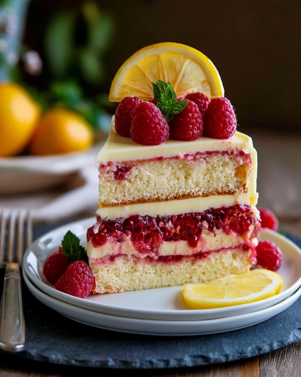 Delicious Lemon Raspberry Cake with berries and lemon zest on a white plate.