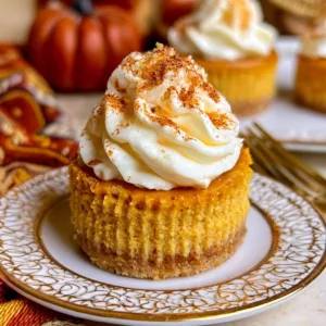 Delicious mini pumpkin cheesecake topped with whipped cream and spices