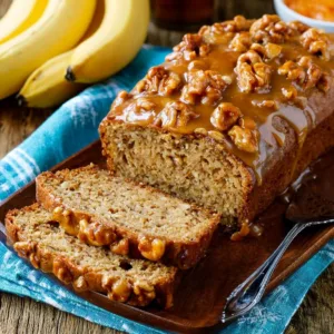 Moist Butterscotch Banana Bread 3 Moist butterscotch banana bread with ripe bananas and drizzled butterscotch sauce