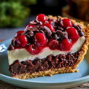 No-Bake Chocolate Cherry Cream Pie 3 No-bake chocolate cherry cream pie topped with chocolate and cherries