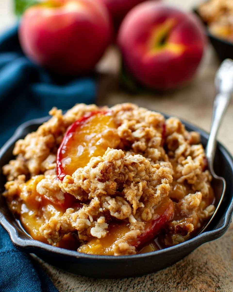 Delicious old-fashioned peach crisp dessert with a golden crumb topping.