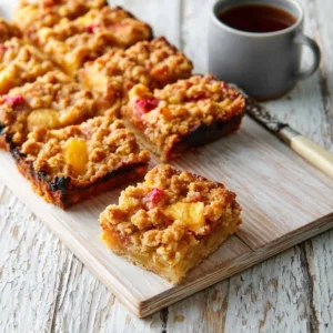 Delicious Peaches and Cream Crumble Bars served on a plate with fresh peaches