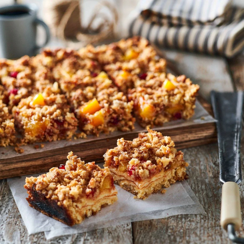 Delicious Peaches and Cream Crumble Bars with a golden crumb topping