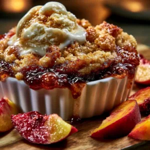 Delicious serving of Perfect Bourbon Peach Cobbler topped with vanilla ice cream.