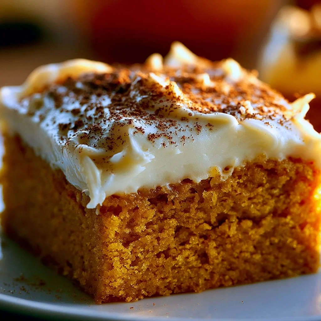 Delicious pumpkin bars with creamy cream cheese frosting on a plate