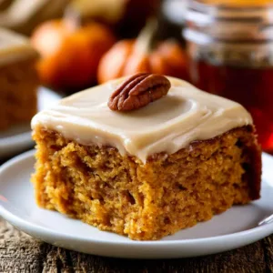 Moist pumpkin cake topped with rich caramel frosting served on a plate.