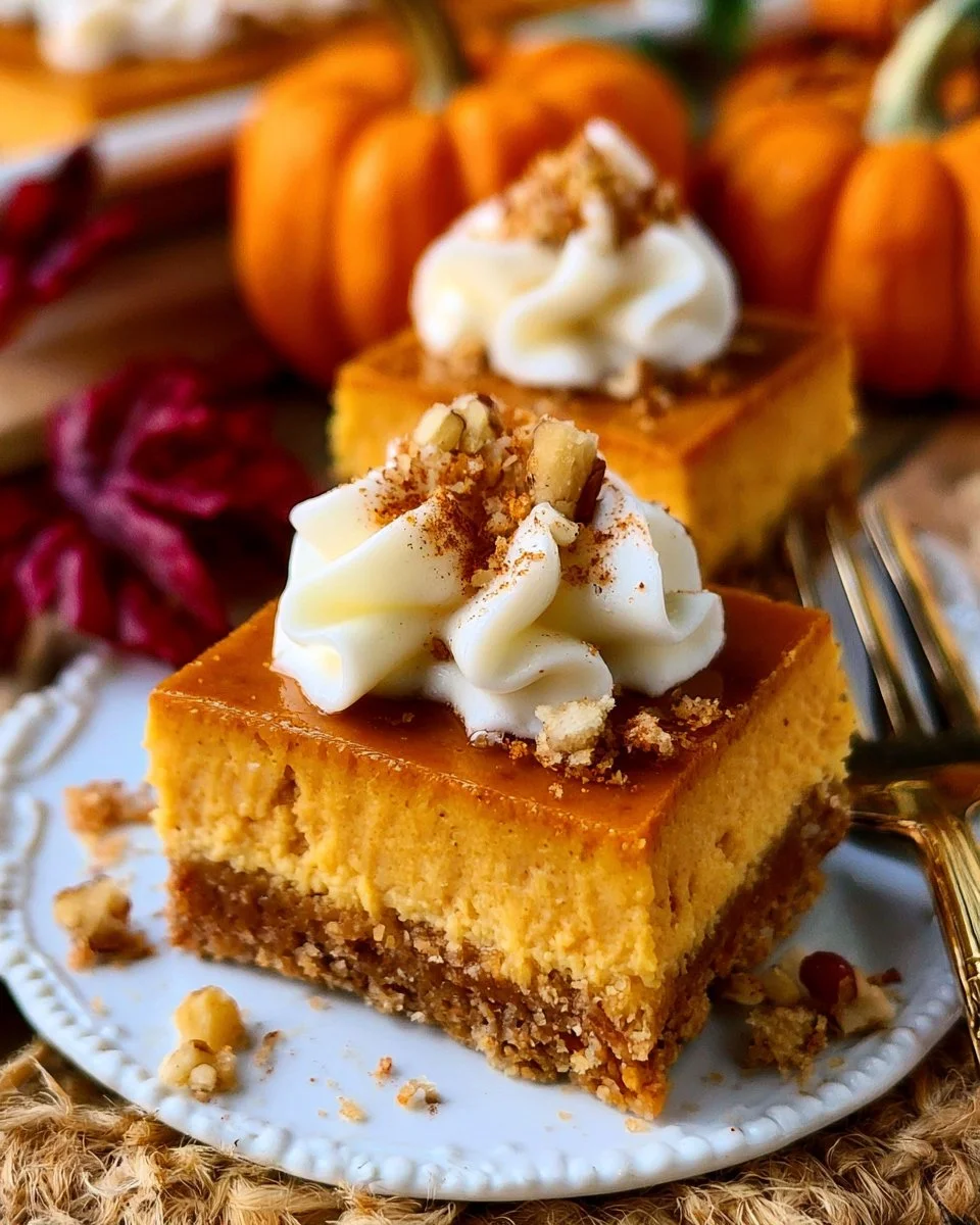 Delicious Pumpkin Cheesecake Bars topped with caramel and whipped cream.