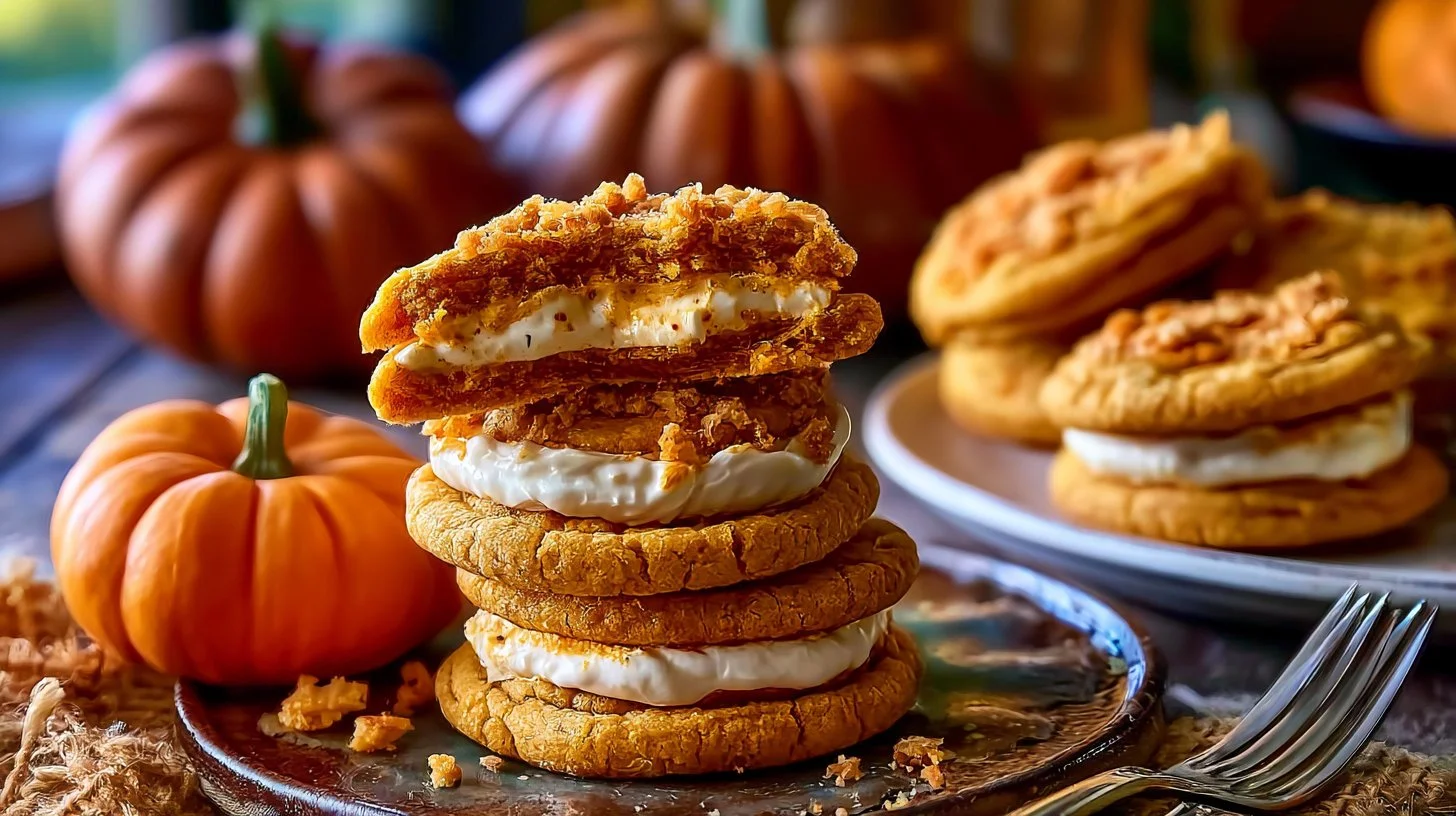 Delicious Pumpkin Cheesecake Cookies topped with autumn spices and cream cheese frosting.