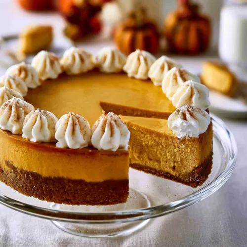 Delicious pumpkin cheesecake dessert topped with whipped cream and spices