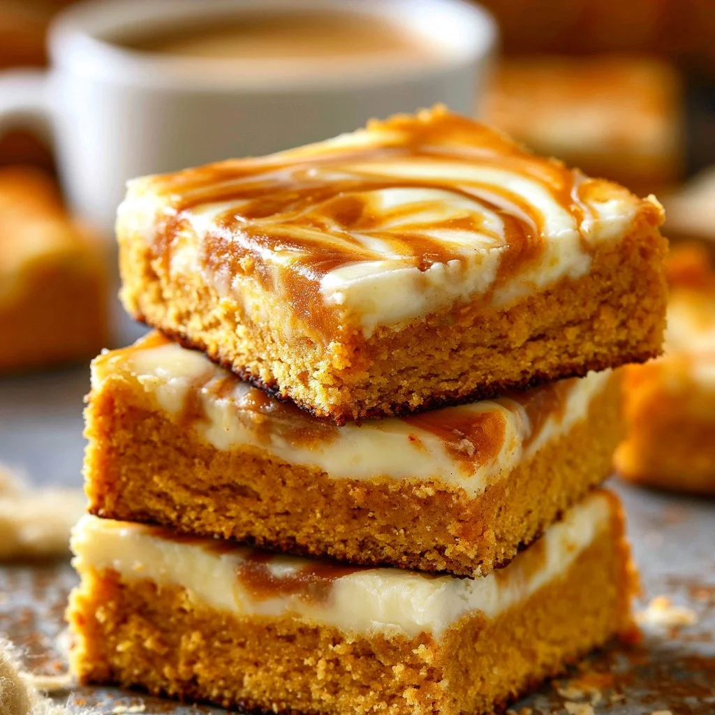 Delicious Pumpkin Cream Cheese Bars with cream cheese frosting on a wooden plate