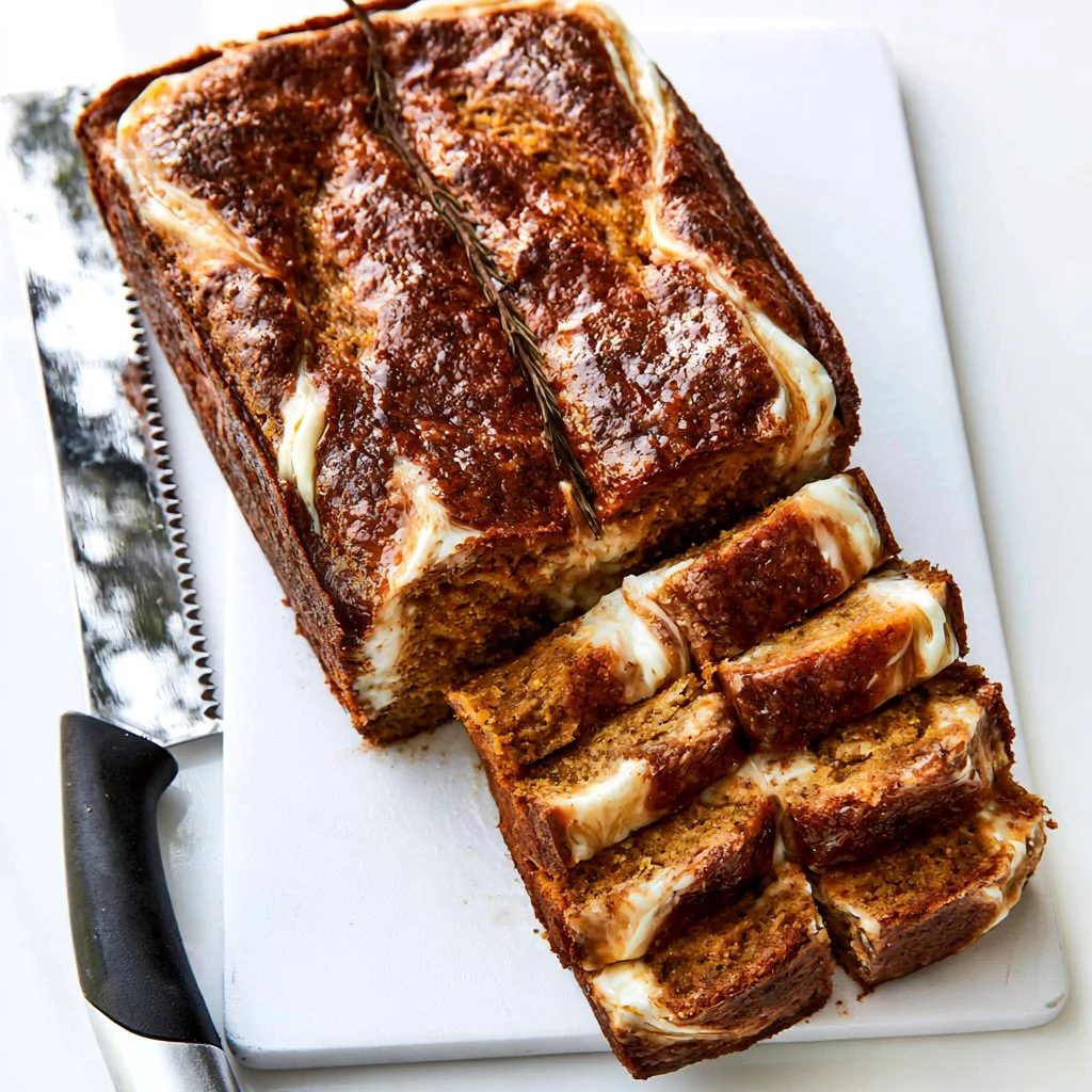 Moist pumpkin cream cheese bread sliced with a sprinkle of spices on top.