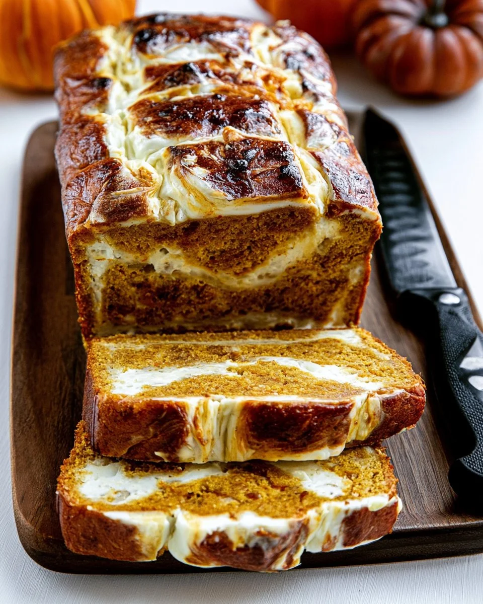 Slice of Pumpkin Cream Cheese Bread topped with cream cheese frosting