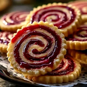 Raspberry swirl shortbread cookies on a plate garnished with fresh raspberries.