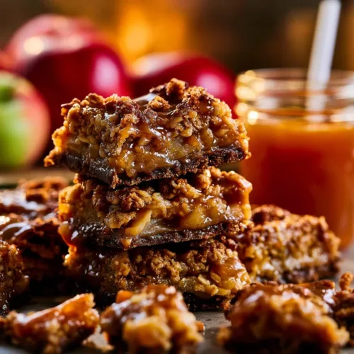 Delicious salted caramel apple pie bars with a crispy crust and topping.