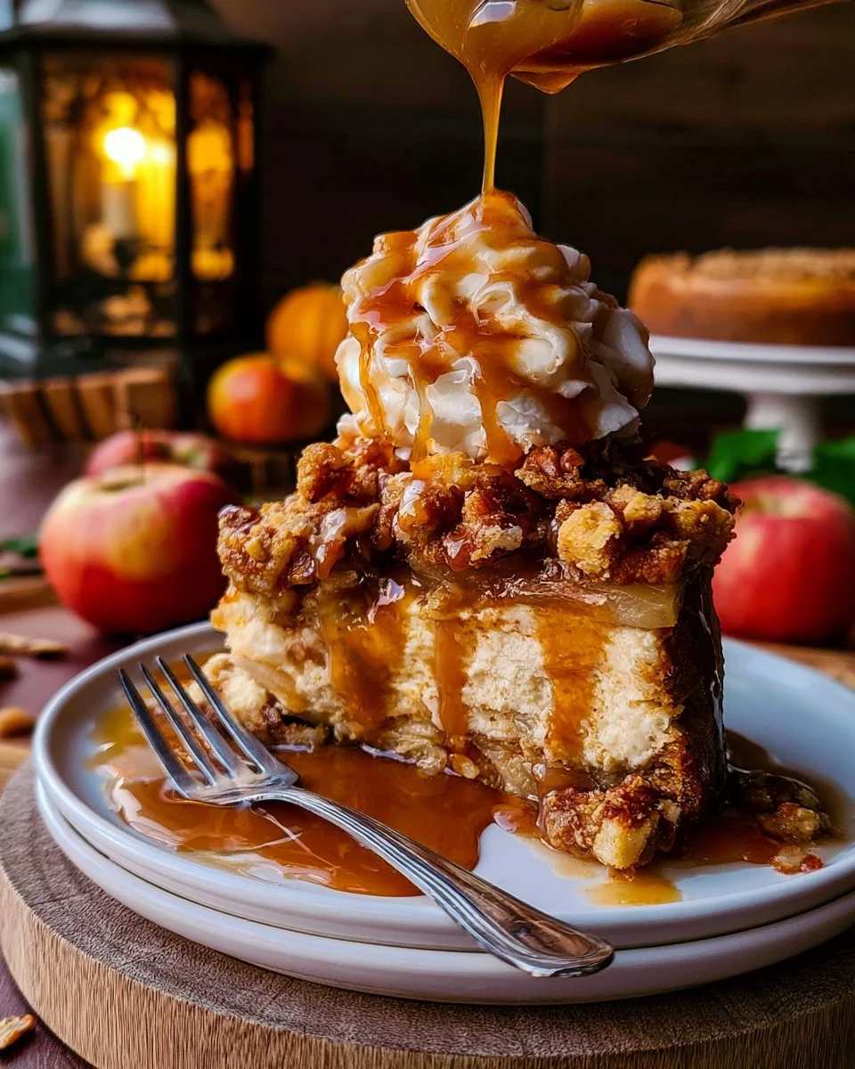 salted-caramel-apple-pie-cheesecake-2026-07-21-201524 Delicious salted caramel apple pie cheesecake topped with caramel drizzle and apples