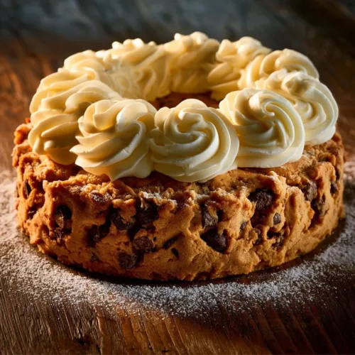 Delicious chocolate chip cookie cake with chocolate chips and a soft baked texture.