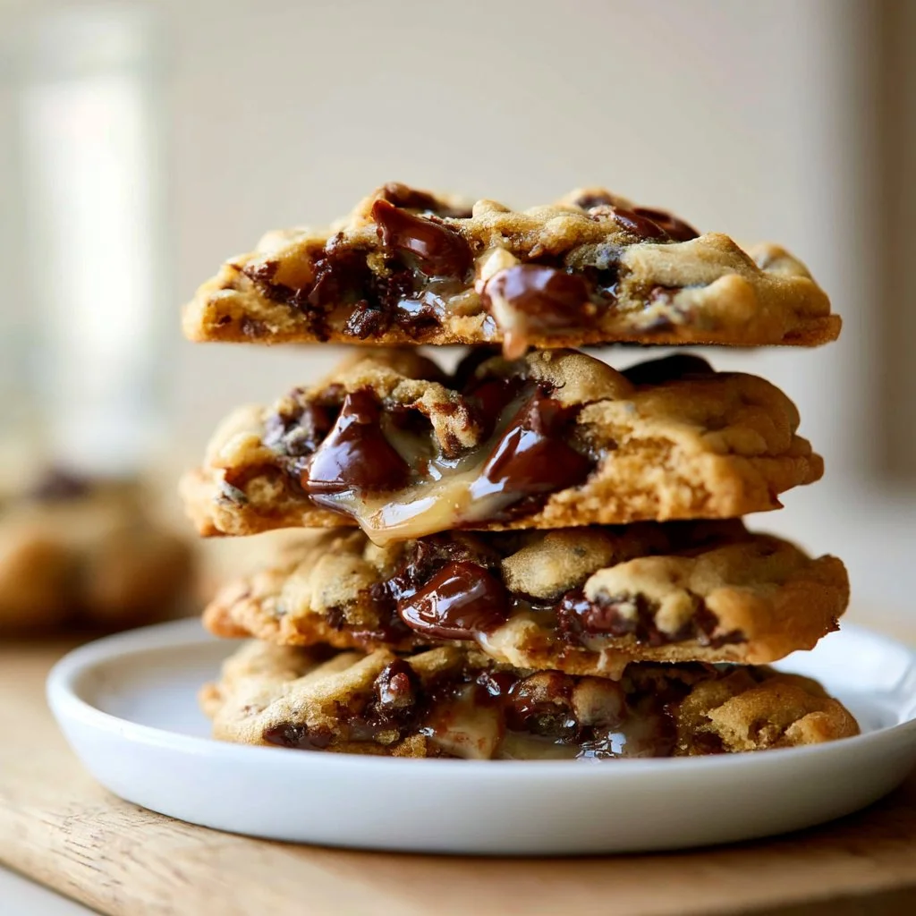 Freshly baked soft and chewy chocolate chip cookies on a cooling rack