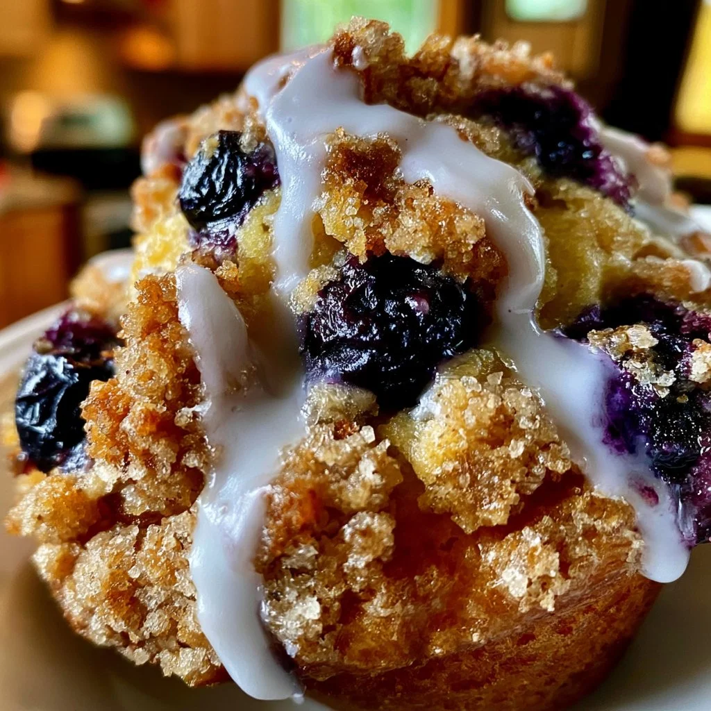 Freshly baked sourdough blueberry lemon muffins on a cooling rack
