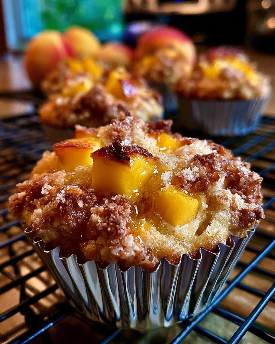 Delicious sourdough discard peach cobbler muffins fresh out of the oven