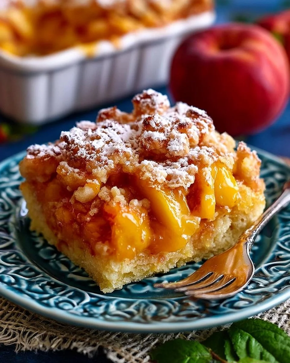 Delicious Southern Peach Cobbler served in a rustic dish with a golden crust.