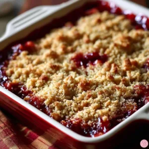 Delicious strawberry rhubarb crumble dessert topped with buttery crumb.