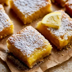 Deliciously baked super easy lemon bars served on a plate with lemon slices.