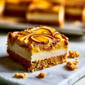 Delicious Pumpkin Swirl Cheesecake Bars with creamy topping and pumpkin swirl design.