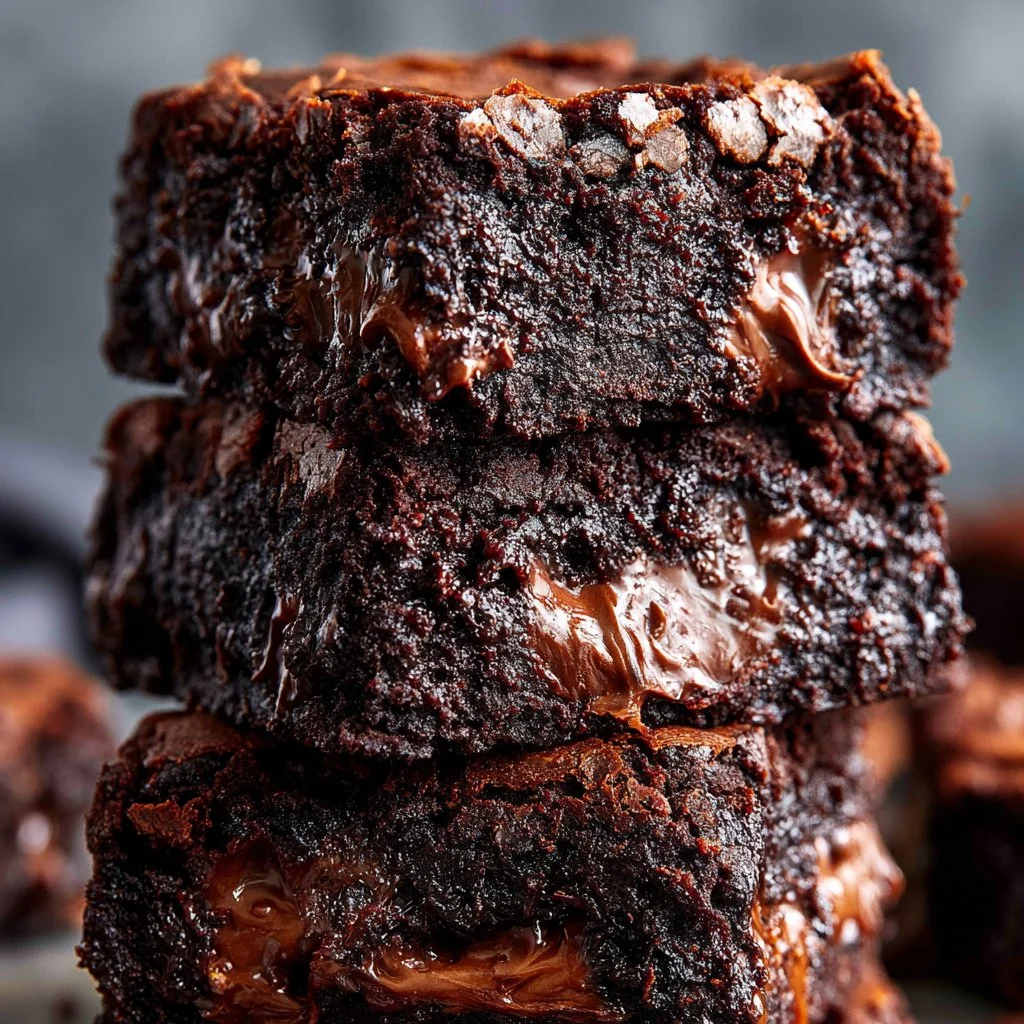 Delicious fudgiest brownies served on a plate with chocolate drizzle.