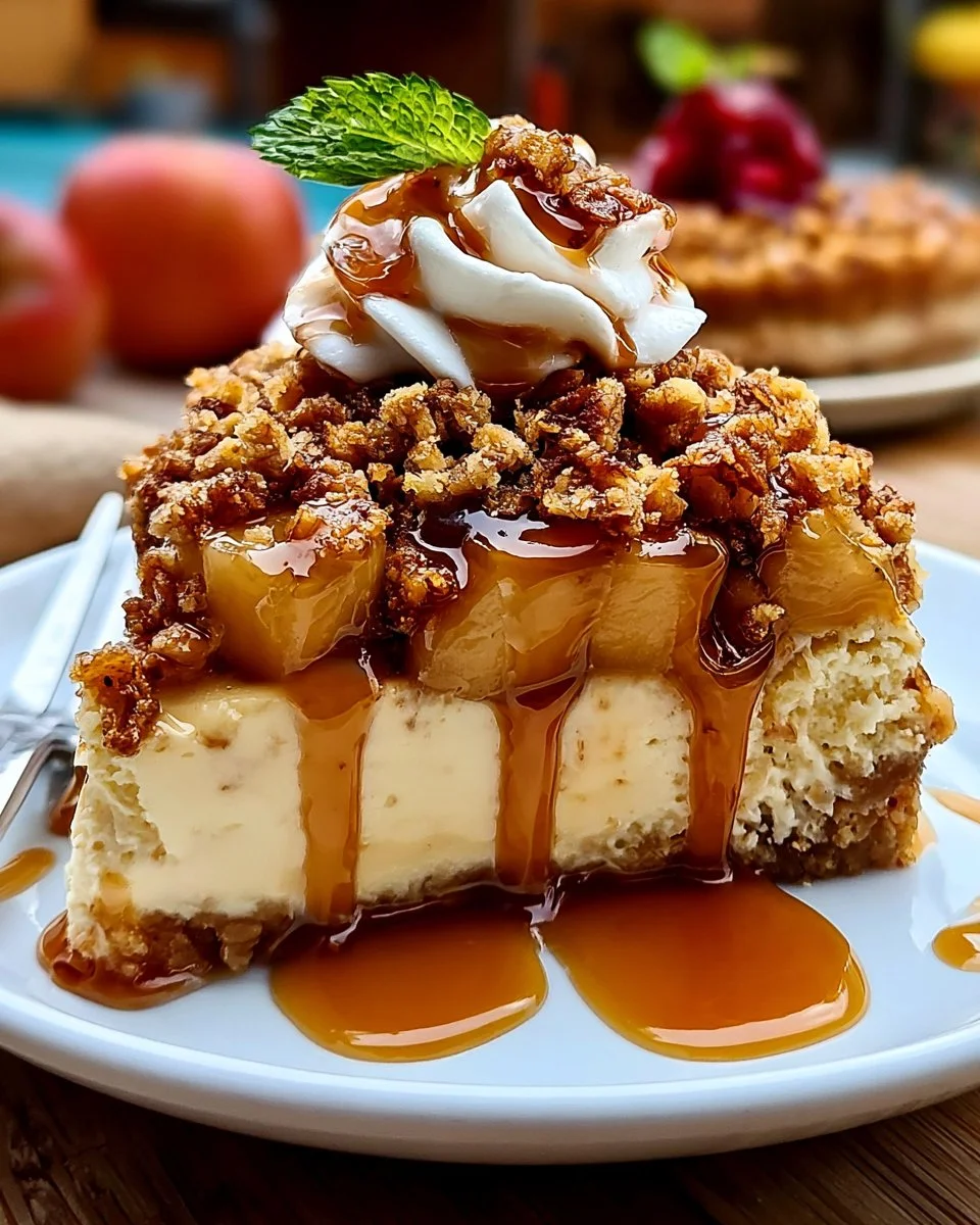Warm apple crisp cheesecake topped with crunchy oat and cinnamon crumble