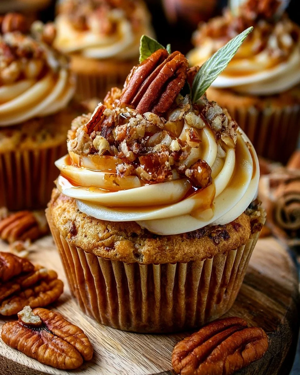 Delicious whiskey pecan cupcakes topped with pecans and whiskey frosting.