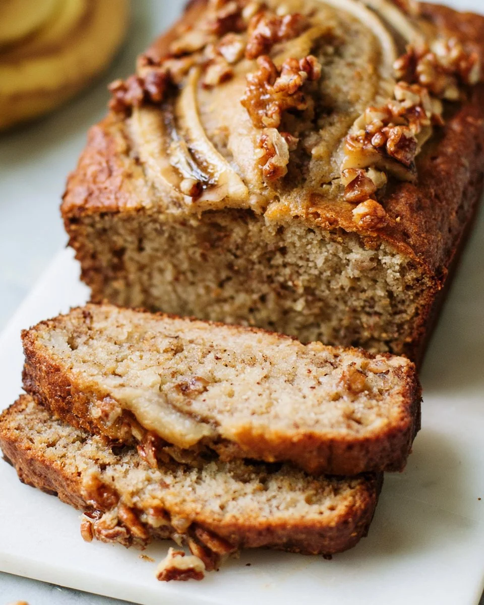 Sliced moist maple banana bread on a wooden table with bananas and maple syrup