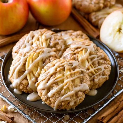 Delicious apple cinnamon cookies drizzled with maple glaze on a rustic wooden table