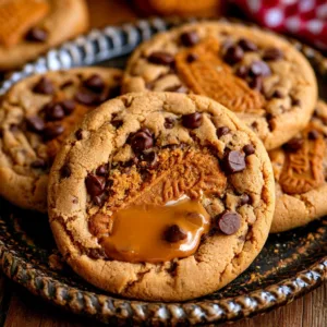 Delicious Biscoff Butter Cookies with chocolate chips on a plate