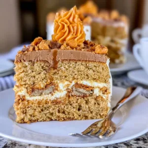 Delicious Butterfinger Cake topped with crunchy Butterfinger pieces